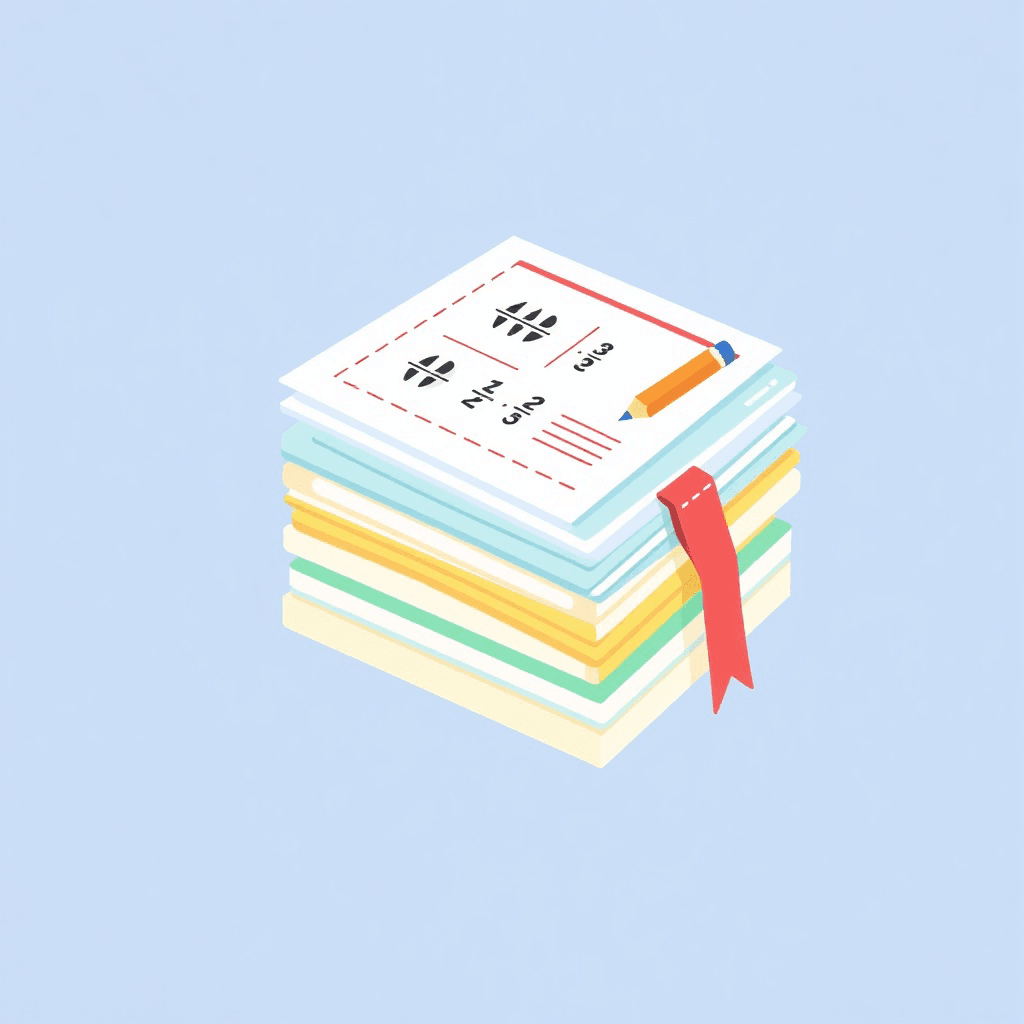 An illustrated stack of colourful worksheets