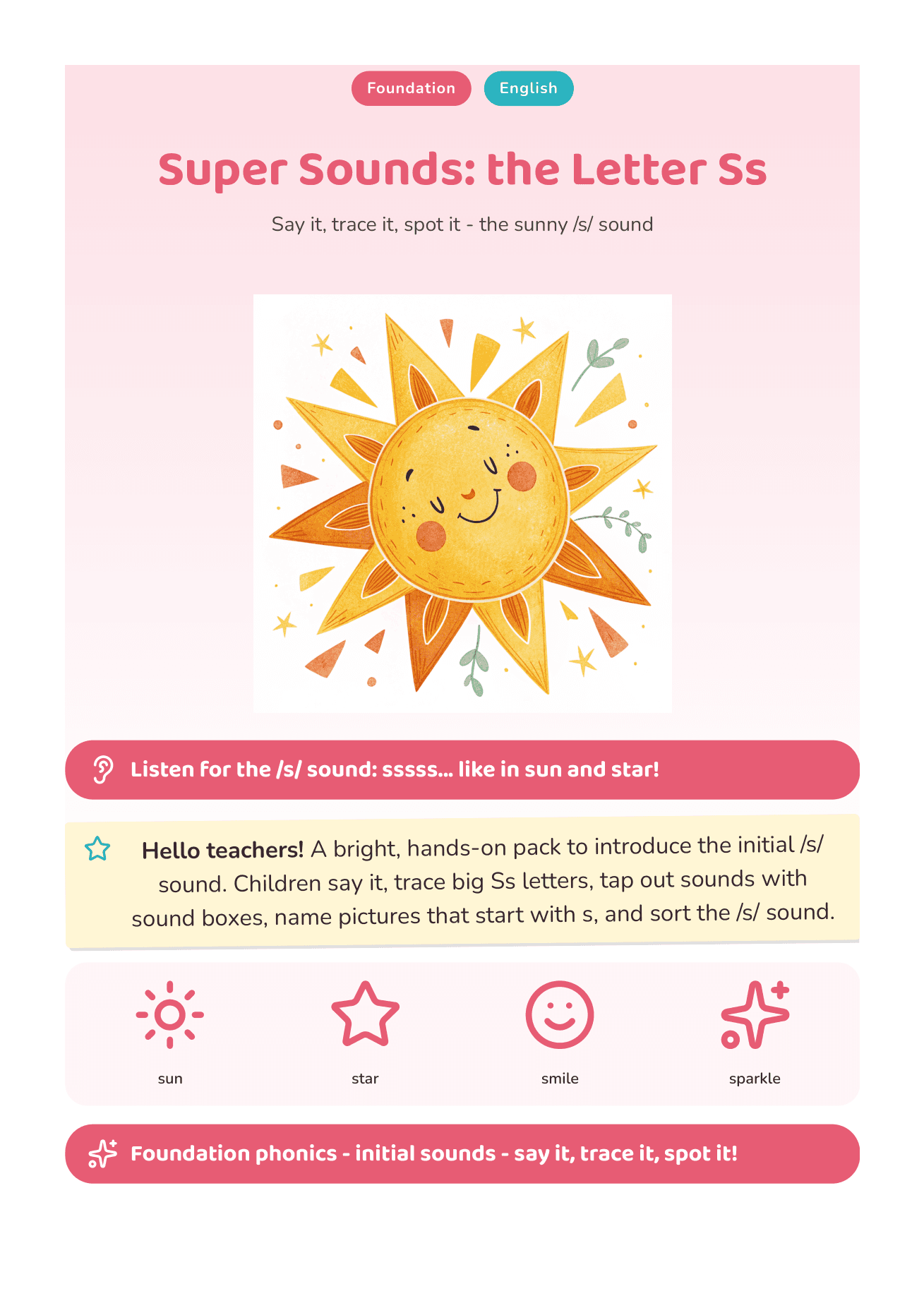 Cover page of a Foundation phonics pack titled Super Sounds: the Letter Ss, with a smiling watercolour sun, a listen-for-the-s-sound banner and a note for teachers.