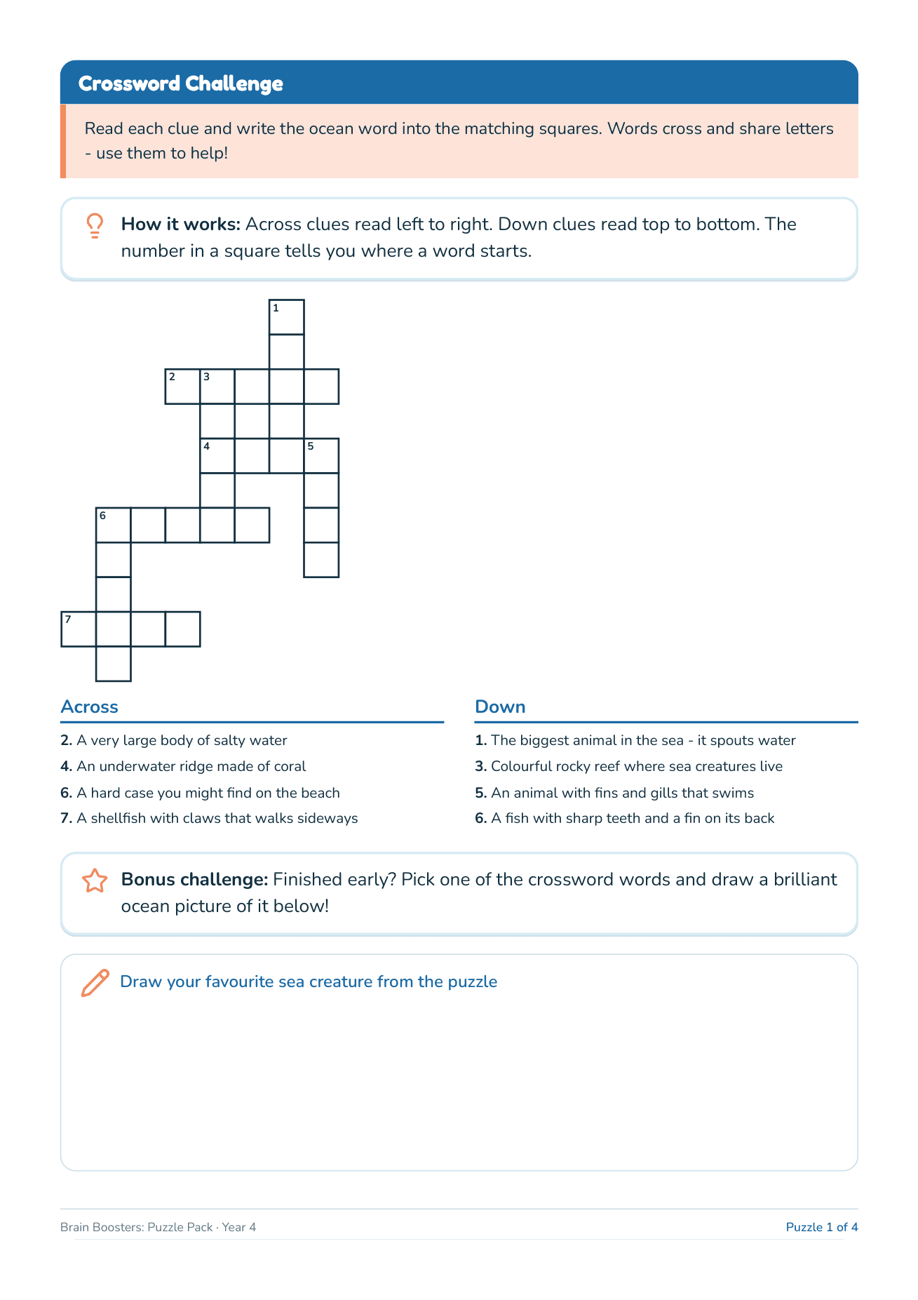 A Year 4 puzzle page with an ocean-themed crossword grid, across and down clues, a bonus challenge and a framed space to draw a favourite sea creature.